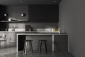 Grey home kitchen interior with cooking and eating space with modern furniture Royalty Free Stock Photo