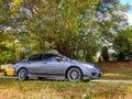 A grey Honda Civic car under the tree.