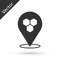 Grey Honeycomb bee location map pin pointer icon isolated on white background. Farm animal map pointer. Vector
