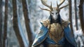 Grey Horned Knight In Indigo And Gold: A Stunning Character Design