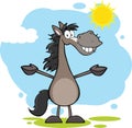 Grey Horse Cartoon Mascot Character With Open Arms Over Landscape