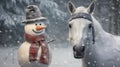 Grey Horse Posing With Snowman Background