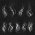 Grey hot smoke clouds. White transparent steam evaporation isolated vector effects