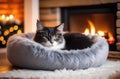 grey house cat in a cot, fluffy cat by the fireplace, cozy atmosphere, fire, glowing garland and light bulbs Royalty Free Stock Photo
