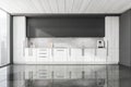 Grey interior with half wooden panoramic kitchen