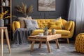 modern pillow house interior yellow sofa light home decor cushion grey. Generative AI.