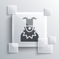 Grey Joker head icon isolated on grey background. Jester sign. Square glass panels. Vector