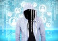 Grey jumper hacker. connect, binary code