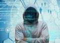 Grey jumper hacker with his hands folded. light blue, binary code Royalty Free Stock Photo