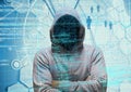 Grey jumper hacker with his hands folded. light blue, binary code