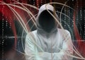 Grey jumper hacker with his hands folded. red lights and binary code