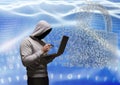 Grey jumper hacker with out face with the credit card and computer in code sea with lock