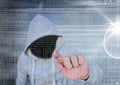 Grey jumper hacker with out face. Grey and binary code background