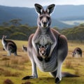 A grey kangaroo, stands tall on a grassy plain. In its pouch, a tiny joey peers out curiously