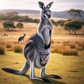 A grey kangaroo, stands tall on a grassy plain. In its pouch, a tiny joey peers out curiously