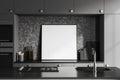 Grey kitchen interior with bar countertop and cooking area, mockup frame Royalty Free Stock Photo