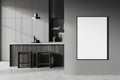 Grey kitchen interior with bar seats and countertop. Mockup frame Royalty Free Stock Photo