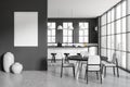 Grey kitchen interior with dining area near panoramic window. Mockup frame Royalty Free Stock Photo