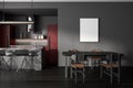 Grey kitchen interior with dining table and chais, cooking area. Mockup frame Royalty Free Stock Photo