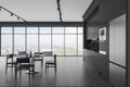 Grey kitchen interior with eating and cooking space, panoramic window Royalty Free Stock Photo