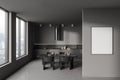 Grey kitchen interior with eating table, cooking area near window. Mockup frame Royalty Free Stock Photo