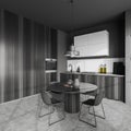 Grey kitchen interior with eating table, cooking corner. Empty wall Royalty Free Stock Photo