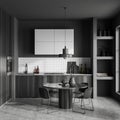 Grey kitchen interior with eating table and seats, cooking area and decor Royalty Free Stock Photo