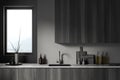 Grey kitchen interior with shelves and kitchenware, cooking area and window