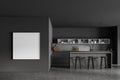 Grey kitchen interior with table and chairs on concrete floor, mockup frame