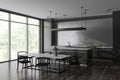 Grey kitchen interior with table and chairs, cooking and eating area, window Royalty Free Stock Photo