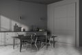 Grey kitchen interior with table and seats, cooking and dining area Royalty Free Stock Photo