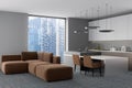 Grey kitchen interior with table and seats, couch and panoramic window Royalty Free Stock Photo