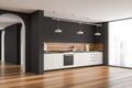 Grey kitchen with stylish cabinet and archway