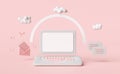 Grey laptop computer with envelope,cloud,arrow isolated on pink background,sending,receiving email marketing concept 3d Royalty Free Stock Photo