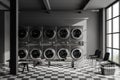 Grey laundry interior with row of washing machines and panoramic window Royalty Free Stock Photo