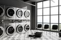 Grey laundry interior with washing machines and chairs near panoramic window Royalty Free Stock Photo