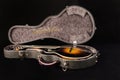 Grey leather case for mandolin on black background. Royalty Free Stock Photo