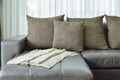 Grey leather sofa with texture brown pillows in living room Royalty Free Stock Photo