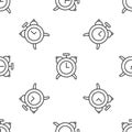 Grey line Alarm clock icon isolated seamless pattern on white background. Wake up, get up concept. Time sign. Vector Royalty Free Stock Photo