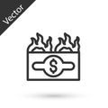 Grey line Burning dollar bill icon isolated on white background. Dollar bill on fire. Burning of savings. Vector Royalty Free Stock Photo