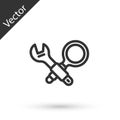 Grey line Debugging icon isolated on white background. Debugging tool. Magnifying glass on bug programming. Testing and Royalty Free Stock Photo