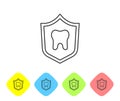 Grey line Dental protection icon isolated on white background. Tooth on shield logo. Set icons in color rhombus buttons Royalty Free Stock Photo