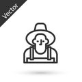Grey line Farmer in the hat icon isolated on white background. Vector