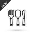 Grey line Fork, spoon and knife icon isolated on white background. Cooking utensil. Cutlery sign. Vector Royalty Free Stock Photo