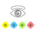 Grey line Hypnosis icon isolated on white background. Human eye with spiral hypnotic iris. Set icons in color rhombus