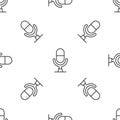 Grey line Microphone voice device icon isolated seamless pattern on white background. Microphone interpreter and
