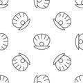 Grey line Natural open shell with pearl icon isolated seamless pattern on white background. Scallop sea shell. Seashell Royalty Free Stock Photo