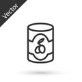 Grey line Olives in can icon isolated on white background. Concept of canned food. Vector