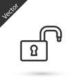 Grey line Open padlock icon isolated on white background. Opened lock sign. Cyber security concept. Digital data Royalty Free Stock Photo