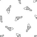 Grey line Pistol or gun icon isolated seamless pattern on white background. Police or military handgun. Small firearm Royalty Free Stock Photo